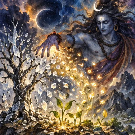 Leela cell 67, Rudra-loka, Plane of Cosmic Good, in watercolour