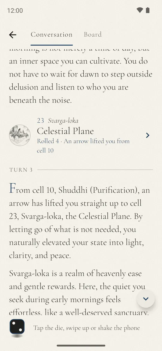 App conversation: an arrow has lifted the token from cell 10 to cell 23, and the guide explains