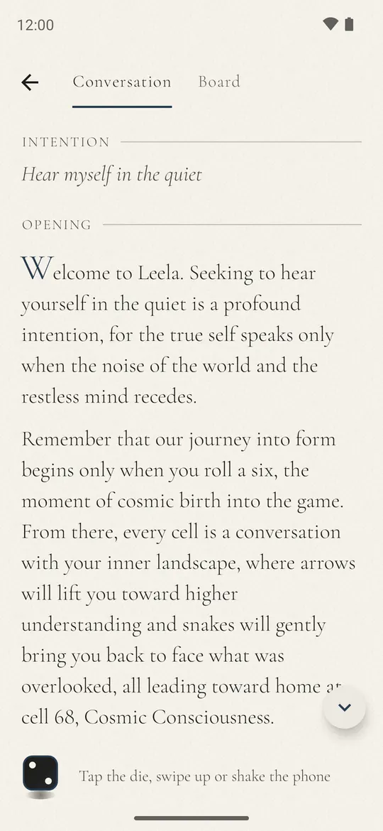 Opening of a game in the app: the intention Hear myself in the quiet, followed by the guide's welcome