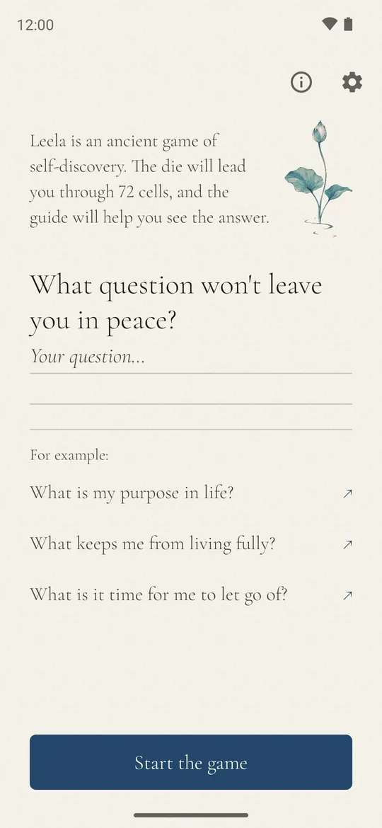 Leela app start screen asking what question won't leave you in peace, with three example intentions
