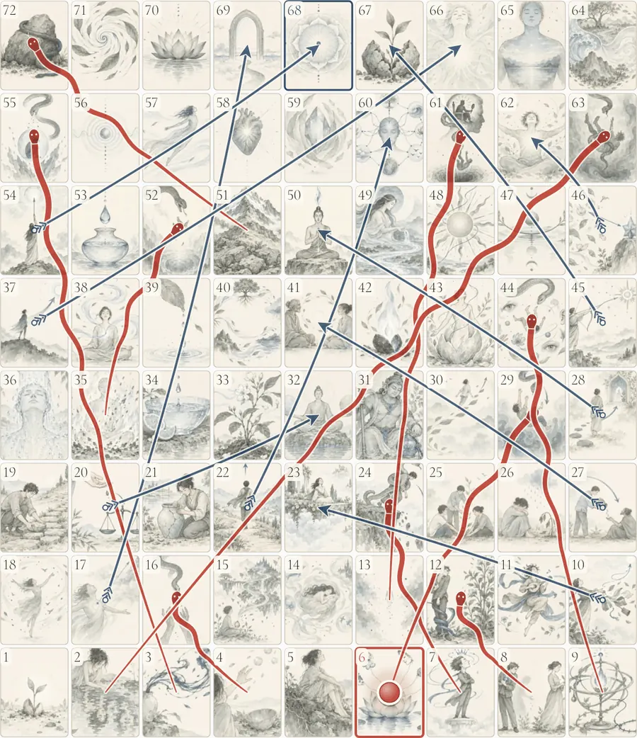 The Leela board in ink: 72 illustrated cells, red snakes, blue arrows, the token on cell 6