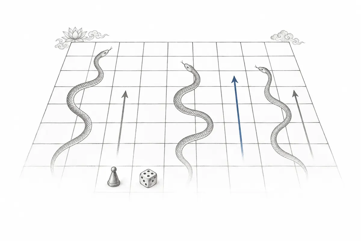 Pencil sketch of a square board in perspective with three snakes, three arrows, a pawn and a die