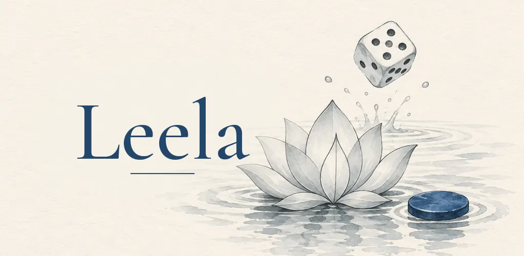 Ink banner: a white lotus on still water, a die tumbling above it and a blue token nearby