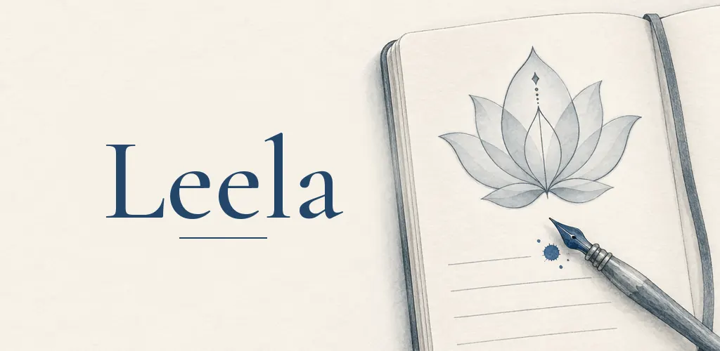 Leela wordmark beside an open notebook with a sketched lotus on its page and a fountain pen
