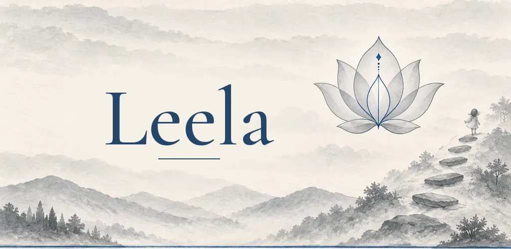 Ink banner: a lotus above misty mountains with stepping stones rising toward it